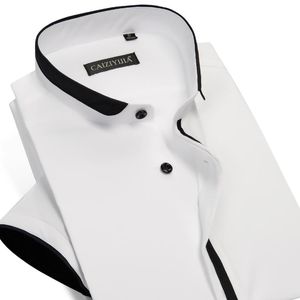 Erkek Casual Gömlek Bantlı Yaka Siyah Boru ile Pamuk Cep-Az Tasarım Yaz Ince Kısa Kollu Standart-Fit Üstleri Gömlek