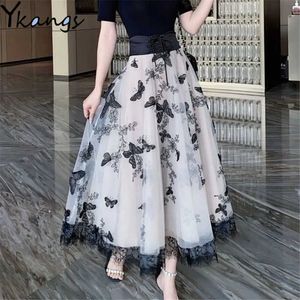 Vintage Butterfly Embroidery Wide Lace Up Waist Slimming Tulle Skirt Women High Waist Lace Splicing Mesh Pleated Skirt Korean OL 210619