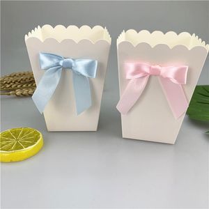 Gift Wrap stks Popcorn Boxes met Bow Mini Pink Blue Paper Gunsten Box Baby Shower Birthday Party Treat Table Supplies