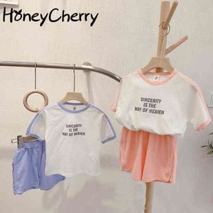 Sommar barns kostym bomull brev casual t-shirt byxor tvådelade baby pojke kläder set 210515