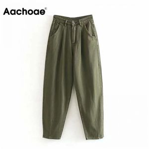 Aachoae Women Streetwear Pleated Mom Jeans High Waist Loose Slouchy Jeans Pockets Boyfriend Pants Casual Ladies Denim Trousers 210715