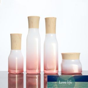 Empty 40/100/120ML Mist Spray Lotion Pump Bottle Gradient Pink 50g Glass Cream Jar Cosmetic Plug with Wooden Pattern Lid