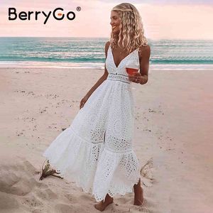 BerryGo branco pérolas mulheres sexy vestido de verão oco out bordado maxi vestidos de algodão noite festa longa senhoras vestidos 210322