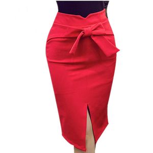 新しいファッション女性鉛筆スカートニーレングスハイウエストエレガントオープンスリット弓スカートプラスサイズS-5XL X0428