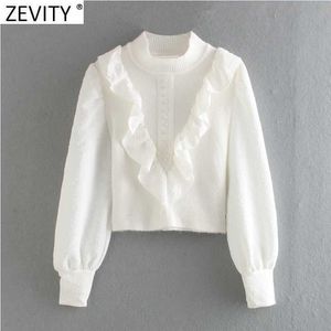 Zevity Women Sweet Ruffles Patchwork White Sticking Sweater Kvinna Chic Puff Sleeve Knappar Casual Slim Pullovers Tops S545 210603