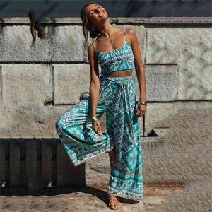 Bohemian wide leg jumpsuits women casual floral print boho overalls high waist palazzo lace up playsuits 210427