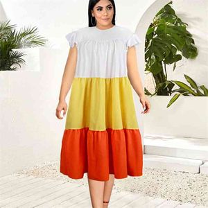 5xl 4XL Plus Size Sukienka Dress Dla Kobiet Letni Kolor Block Biały Żółty Pomarańczowy Oversize Długość Kolana Casual Daily Tuniki 210527