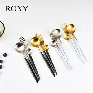 24 Pcs Matte 18/10 Stainless Steel Thick Black Gold Silver Cutlery Dinnerware knives Spoon Fork Flatware Set Dishwasher Safe 211112