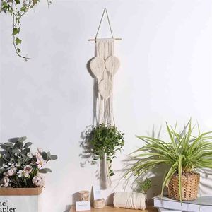 Macrame Plant Hanger Interior Pendurado Plantando Cesta Com Decoração De Folha De Madeira Potenciômetro De Flor Borlas Para Boho Interior Outdoor 210922