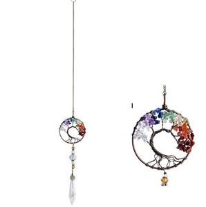 Healing Spiritual Home Window wall Hanging pendant Decor Tree Of Life hang Chakra Stone Prism Natural Crystal Charm