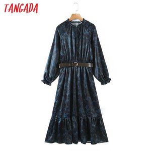 Tangada Primavera Moda Mulheres Azul Snake Imprimir Vestido Vintage Manga Longa Escritório Senhoras Midi Vestido com Cinto SL176 210609