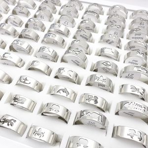 Großhandel 100PCs Lot Herren Damen Edelstahl Bandringe Laser Cut Muster Poliert Modeschmuck Ring Partybevorzugung