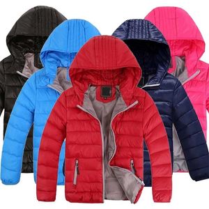 Crianças para baixo casacos para meninos outono jaquetas de crianças com capuz para meninas Candy cor quente 4-12 anos Outerwear roupas 211204