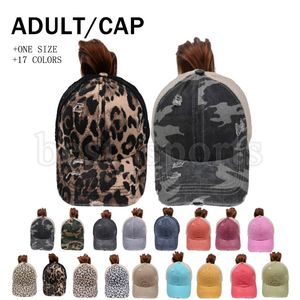 Criss Cross Cross Ponytail Czapki baseballowe Kobieta Płukane Zakłopotane Bułeczki PonyCaps Leopard Camo Trucker Mesh Hats Cyrz3393