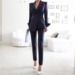 Pant Suits 2 피스 세트 여성용 사무실 레이디 의상을위한 줄무늬 블레이저 재킷 바지 스프링 비즈니스 공식 작업 마모 유니폼