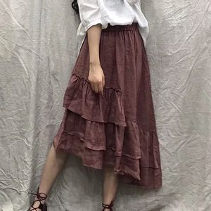 Johnature vintage linne A-line kjolar för kvinnor höst elastisk midja oregelbunden ruffle solid färg kvinnlig kjolar 210521