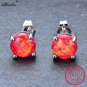 Solid S925 Sterling Silver Earrings Red Orange Fire Opal For Women Rainbow Round Stone Stud Wedding Jewelry