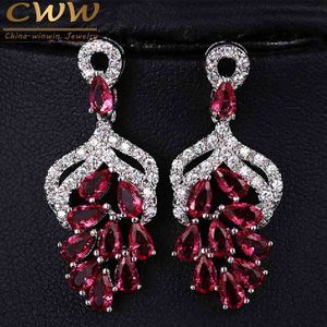 High Quality Micro Pave 3.5 cm Big Red AAA+ Cubic Zircon Drop Flower Shaped Earrings with CZ Stones CZ066 210714