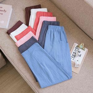 Womens Spring Summer Calf-Length Pants Casual Cotton Linen Solid Elastic waist Harem Trousers Soft for Female ladys 210524