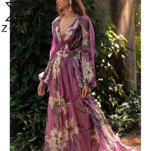 Kvinnor Klä Deep V Neck Puff Sleeve Print Es Long Large Hem Bohemia Sexig Blommig Maxi Es 210524