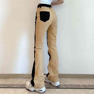 Black Khaki Patched Y2K Flare Jeans For Girls Female Fashion Skinny Women's Vintage Denim Pants High Waist Trouser Harajuku 210510