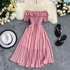 Oceanlove mulheres vestidos verão xadrez garganta fora mais pesado vestidos sólidos ruffles uma linha de cintura alta vestido de cintura robe femme 11767 210323