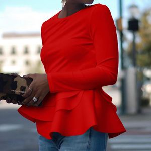 Kırmızı Ruffle Tops toptan satış-Siyah Kırmızı Casual Tops Sonbahar Kış Uzun Kollu Kadın Bluzlar Ofis Bayan Zarif Gömlek Beyaz Fırfır Katı Renkler Bluz Kadınlar