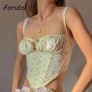 Floral Print Boho Summer Yellow Tank Cami Tops Lace Up Corset Sexy Crop Ruched Cute Harajuku 210427