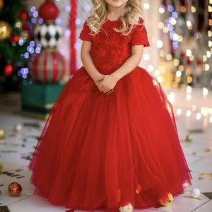 2021 New Floral Flower Girls' Dresses For Wedding Kids Formal Wear 3D Rose Flower Short Sleeves Full Length Zipper Back Birthday Party