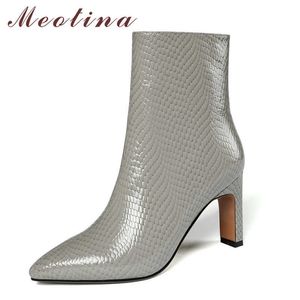 Meotina Kvinnor Korta Stövlar Skor Real Leather Super High Heel Ankel Boots Pekade Toe Chunky Heels Zip Ladies Stövlar Svart Grå 42 210608