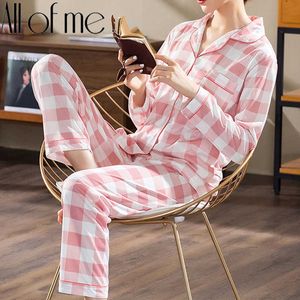 格子縞の女性のパジャマのセットホームウェア長袖グリッドピジャマスセット柔らかい快適なパジャマのスリーウェアスーツのための女の子の女性ランジェリーQ0706