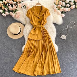 Neploe Temperament Mature Dress Women High Waist Hip Pleat Design A Line Vestidos Turn Down Collar Short Sleeve Robe Summer 210423