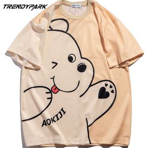 Mäns Hip Hop Streetwear Cartoon Cute Polar Bear Print Oversize Soft Polyester T-shirt Harajuku Bomull Kortärmad Tshirt 210601