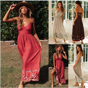 Mulheres Long Maxi Vestido Moda Espaguete Cinta Floral Print Beach Vestidos V-Neck Ruffles Party Vestidos Femme S-XL 072002