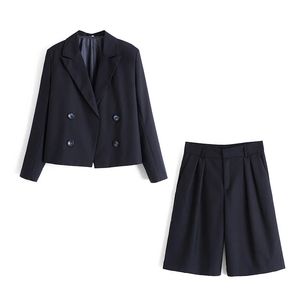 Vintage Elegant Women Navy Pant Suits Fashion Pockets Buttons Notched Blazers Zipper Fly Straight Half Pants Chic Suits 210520