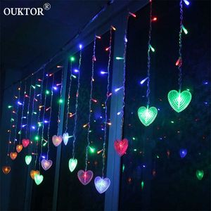 Boże Narodzenie LED Heart Curtain Lights Sopel Fairy Garland Smyczkowe światła do domu Party Ogród Wakacyjny Xmas Dekoracja Romantyczny Y0720