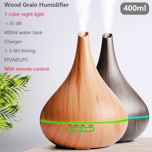 400ml USB Electric Aroma Air Diffuser Wood Grain Ultraljud Xiomi Luftfuktare Cool Mist Maker med 7 färger Ljus för hem 210724
