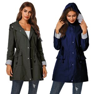 Kvinnors Raincoats Casual Hooded Womens Rainproof Raincoat Mid-Length Ladies Windbreaker Vattentät Jacka Mode Rain Coat Windproof