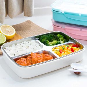 3 galler / 4 rutnät Bento Box 304 Rostfritt stål Lunchbox Rislådor med ätpinnar Sked för student Bärbara matbehållare DHJ66 4PCS
