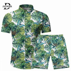 メンズハワイアンシャツセットサマー花のシャツメンズ+プリントビーチショーツ半袖トラックスーツファッション2ピースセット男性210603