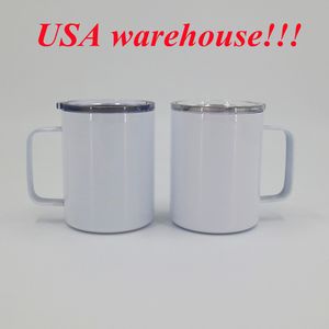 local warehouse!!!Sublimation 10oz travel cup Coffee Mugs with handle double wall office mug 304 Stainless Steel tumbler lid Vacuum Insulated travel tumblers
