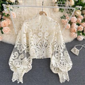 Spring Autumn Sexy Lace Shirt Hollow Out Lantern Long Sleeve Stand Collar Short Blouse Women Elegant Casual Loose Tops Blusas Women's Blouse