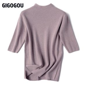 GIGOGOU Half Sleeve Women Turtleneck Sweater Autumn Spring Pullover Top Soft Female Jumper Black White Tight Sweaters Pull Femme 211018