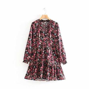 Kvinnor Söt V Neck Lace Up Floral Print Hem Ruffles Mini Klänning Kvinna Platser Vestidos Chic Casual Chiffon Dresses DS2995 210603