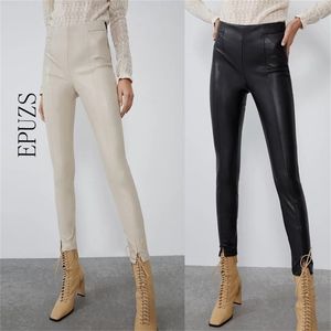 Winter Dicke Dünne PU Leder Hosen Frauen Elastische Hohe Taille Hosen Reißverschluss Sexy Jogger Damen Bleistift Hosen 210521