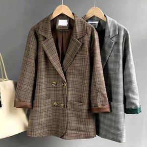 Moda Simples Manta Blazer Mulheres Primavera Vintage Duplo Terno Breasted Ropa Mujer Casual All Match Femme Casacos 210514