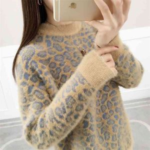 Mink Fur Leopard Sweater Women's Thick Autumn And Winter Net Red Lazy Wind Shirt Bottoming Round Neck Warm Clothing 210427