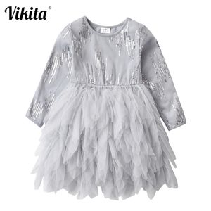 Vikita Girls Layered Dresses Kids Sequins Birthday Party Prom Eleganta Klänningar Barn Tulle Mesh Shinny Princess Vestidos