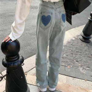 Dorywczo Wysoka Talia Kieszenie Serca Kobiety Denim Jeans Streetwear Długie Proste Dżinsy Dżinsy Spodnie Kobiet Spodnie Nowy 210422