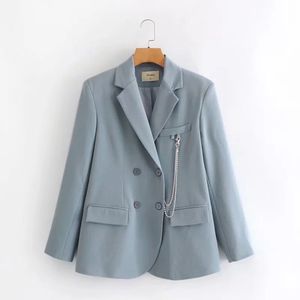 여성 우아한 블레이저 체인 장식 긴 소매 더블 브레스트 코트 오피스 작업 정장 재킷 겉옷 210520
